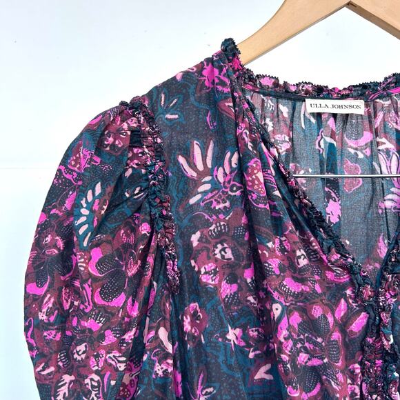 Ulla Johnson Prissa Long Sleeve Ruffle Puff Shoulder Mini Shirt Dress Midnight 4 - Picture 5 of 10